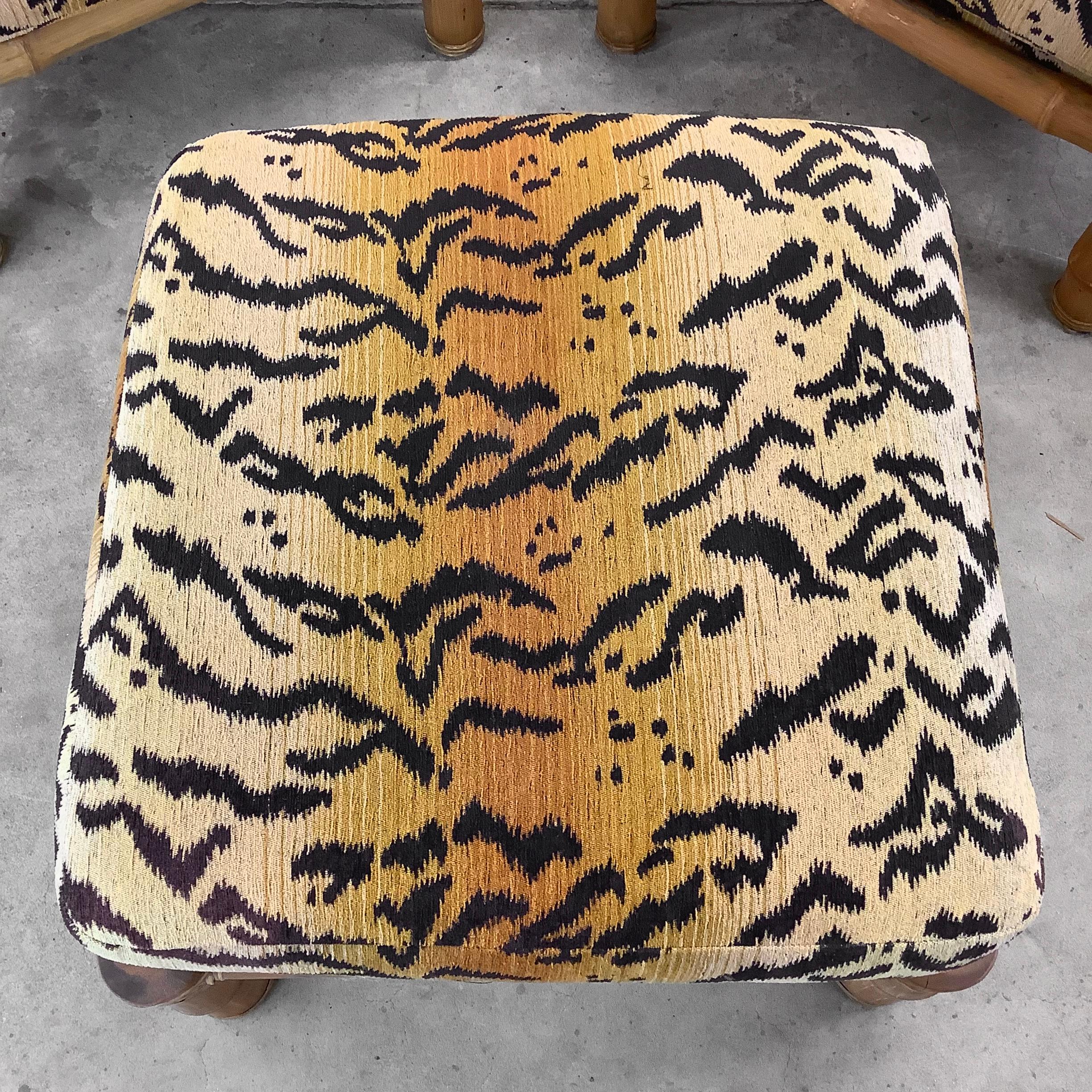 Pair Vintage Bamboo Armchairs & Ottoman in Tiger Print For Sale 11