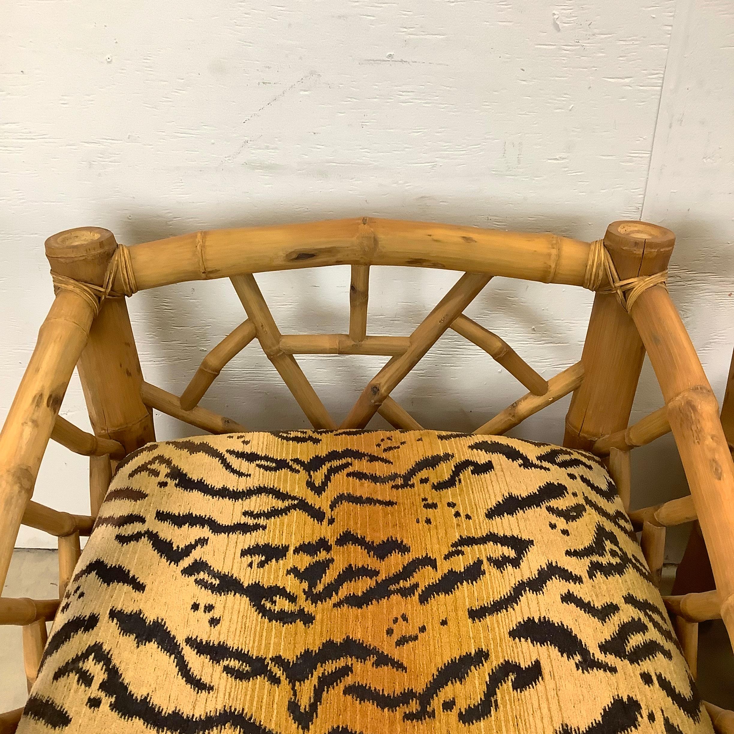 Pair Vintage Bamboo Armchairs & Ottoman in Tiger Print For Sale 12