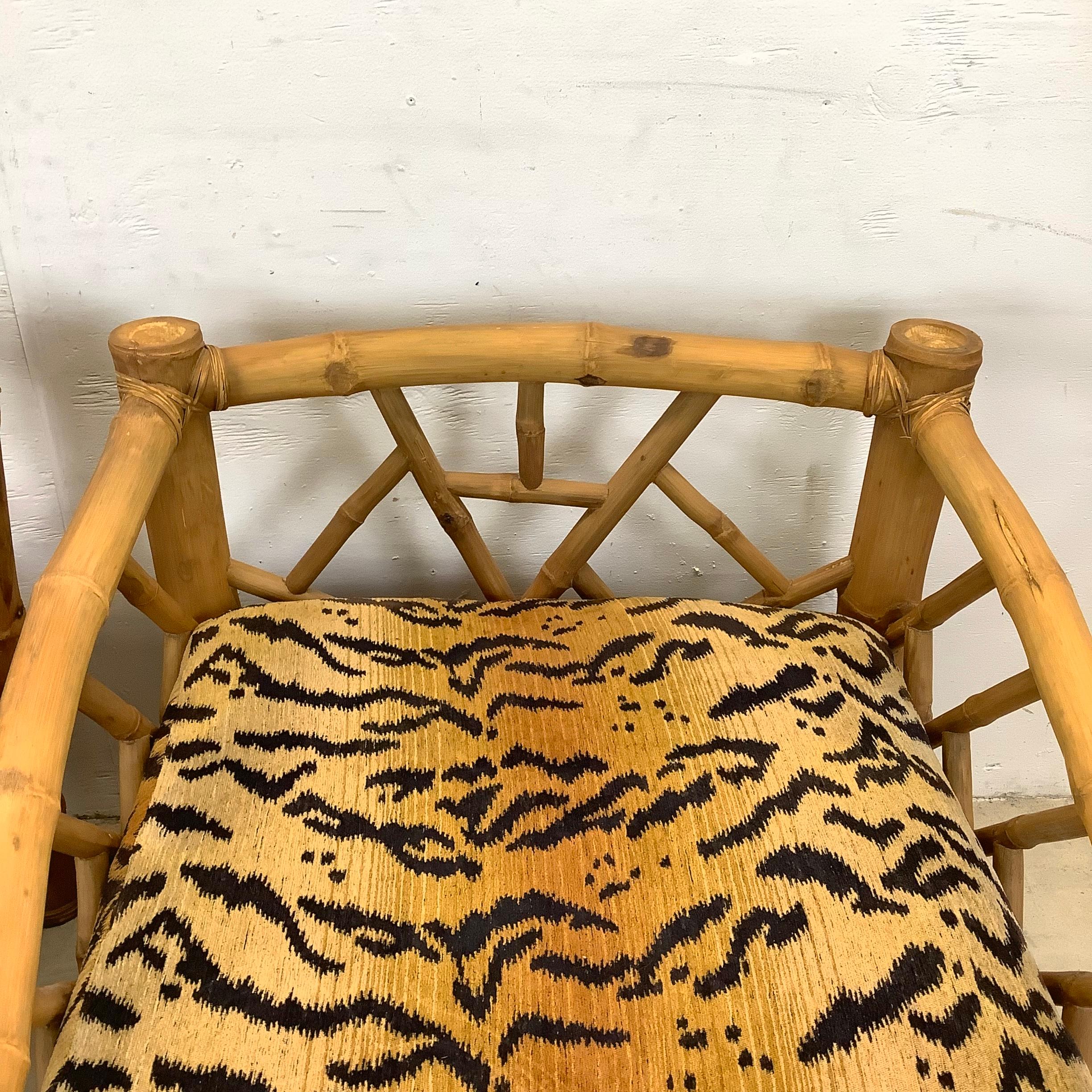 Pair Vintage Bamboo Armchairs & Ottoman in Tiger Print For Sale 13