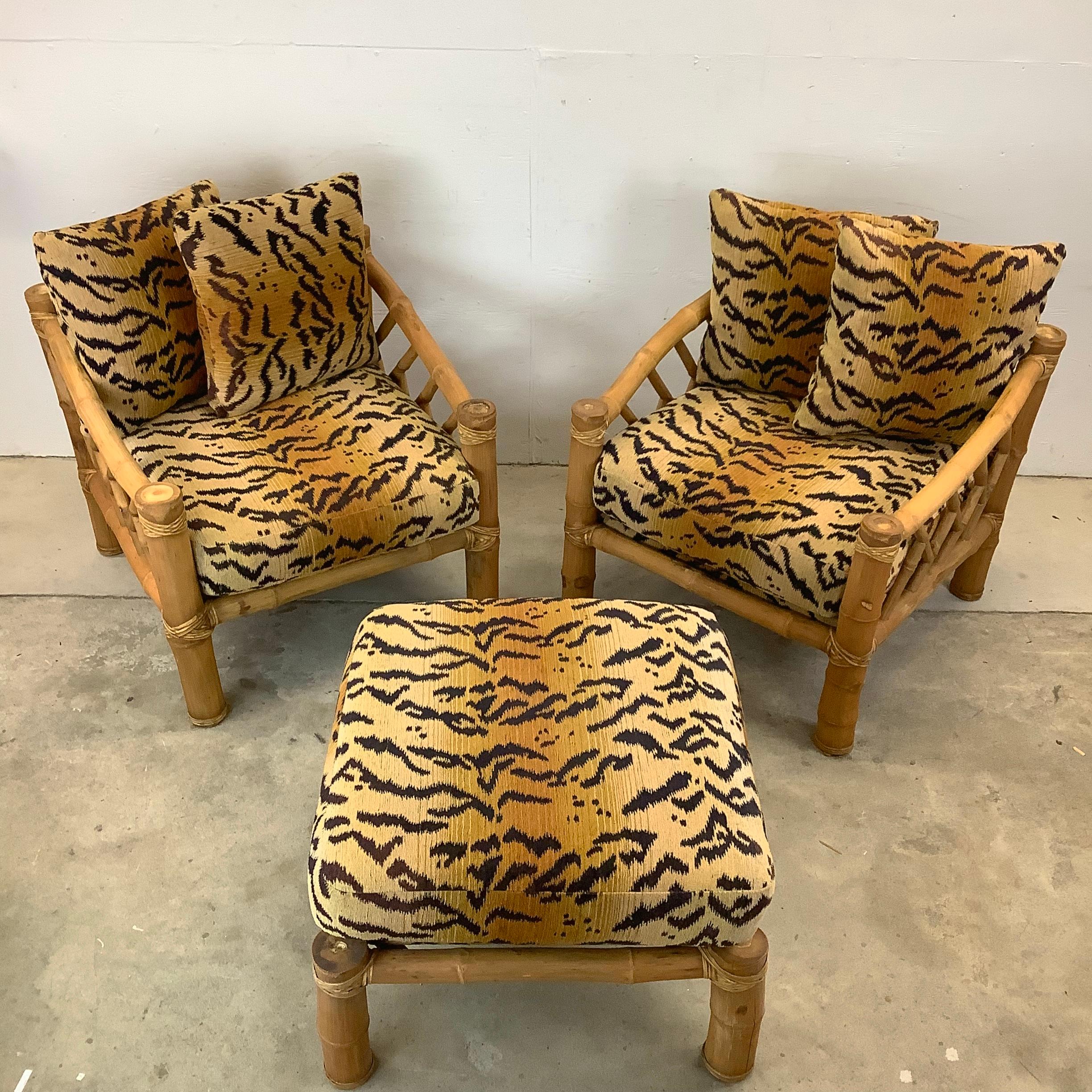 Bohemian Pair Vintage Bamboo Armchairs & Ottoman in Tiger Print For Sale