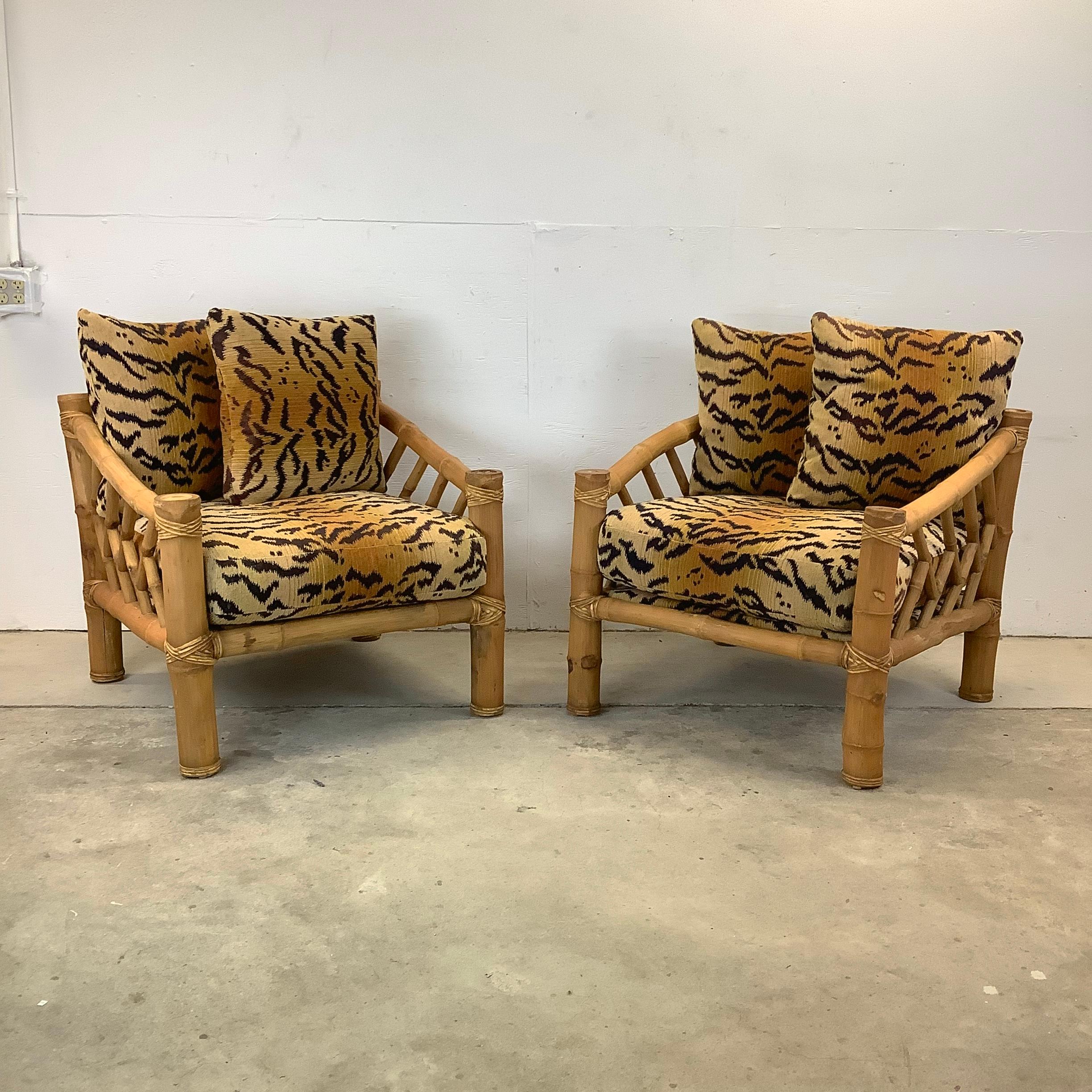 Other Pair Vintage Bamboo Armchairs & Ottoman in Tiger Print For Sale