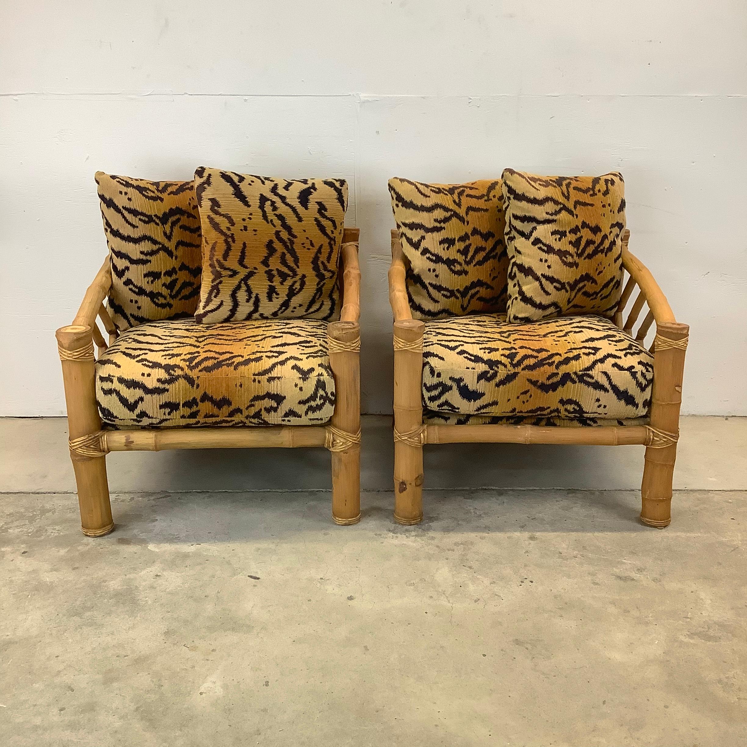 Pair Vintage Bamboo Armchairs & Ottoman in Tiger Print In Fair Condition For Sale In Trenton, NJ