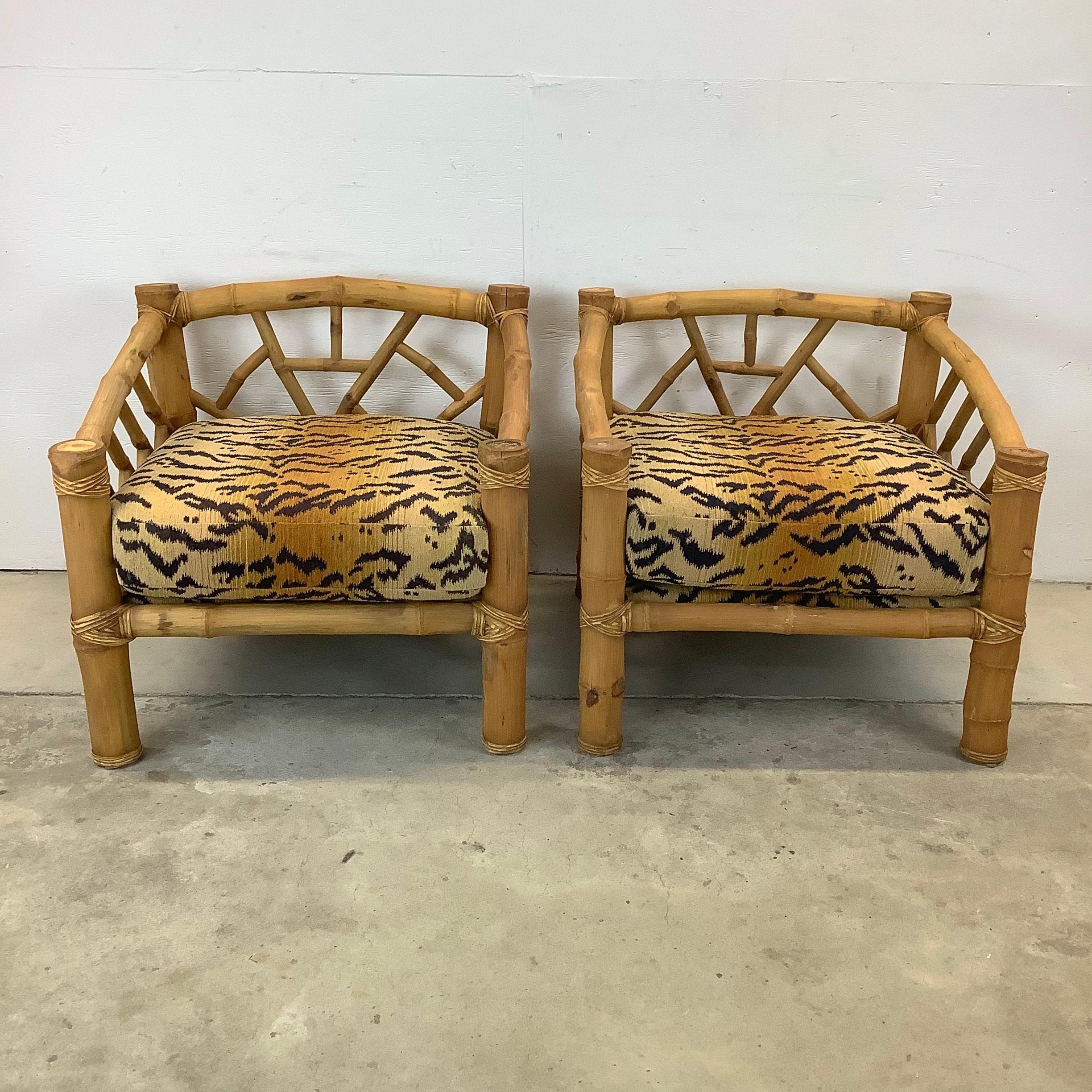 20th Century Pair Vintage Bamboo Armchairs & Ottoman in Tiger Print For Sale