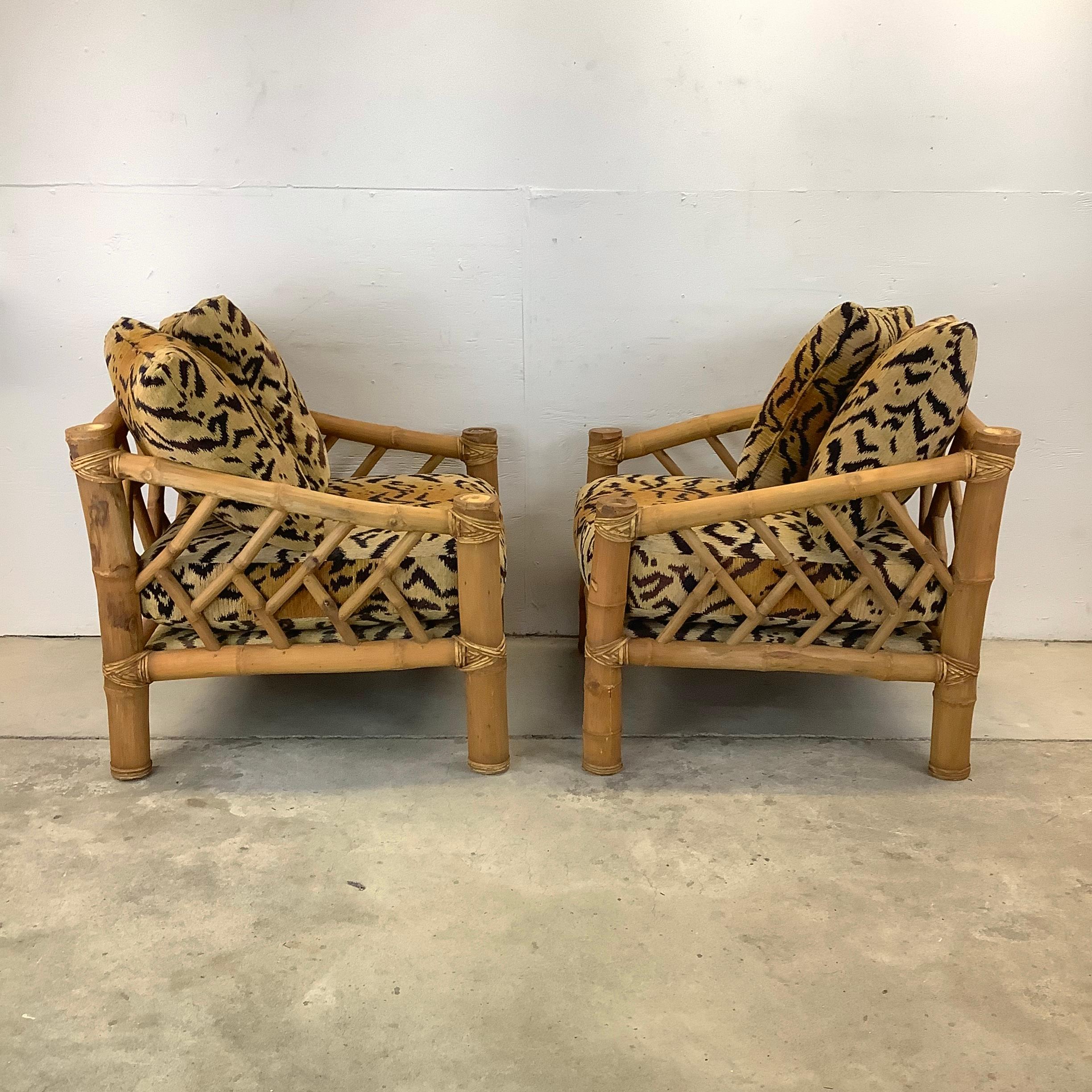 Upholstery Pair Vintage Bamboo Armchairs & Ottoman in Tiger Print For Sale