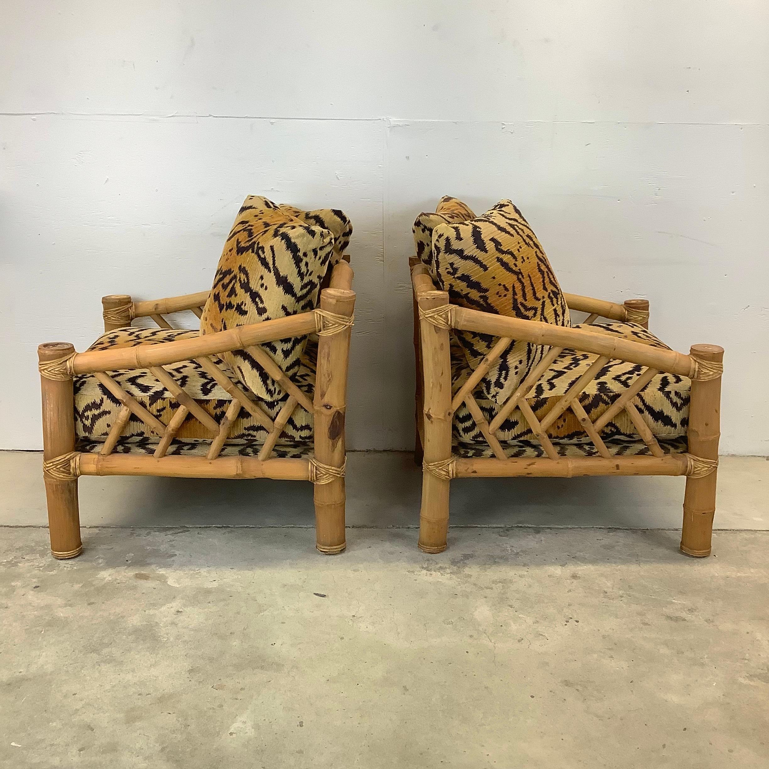 Pair Vintage Bamboo Armchairs & Ottoman in Tiger Print For Sale 1