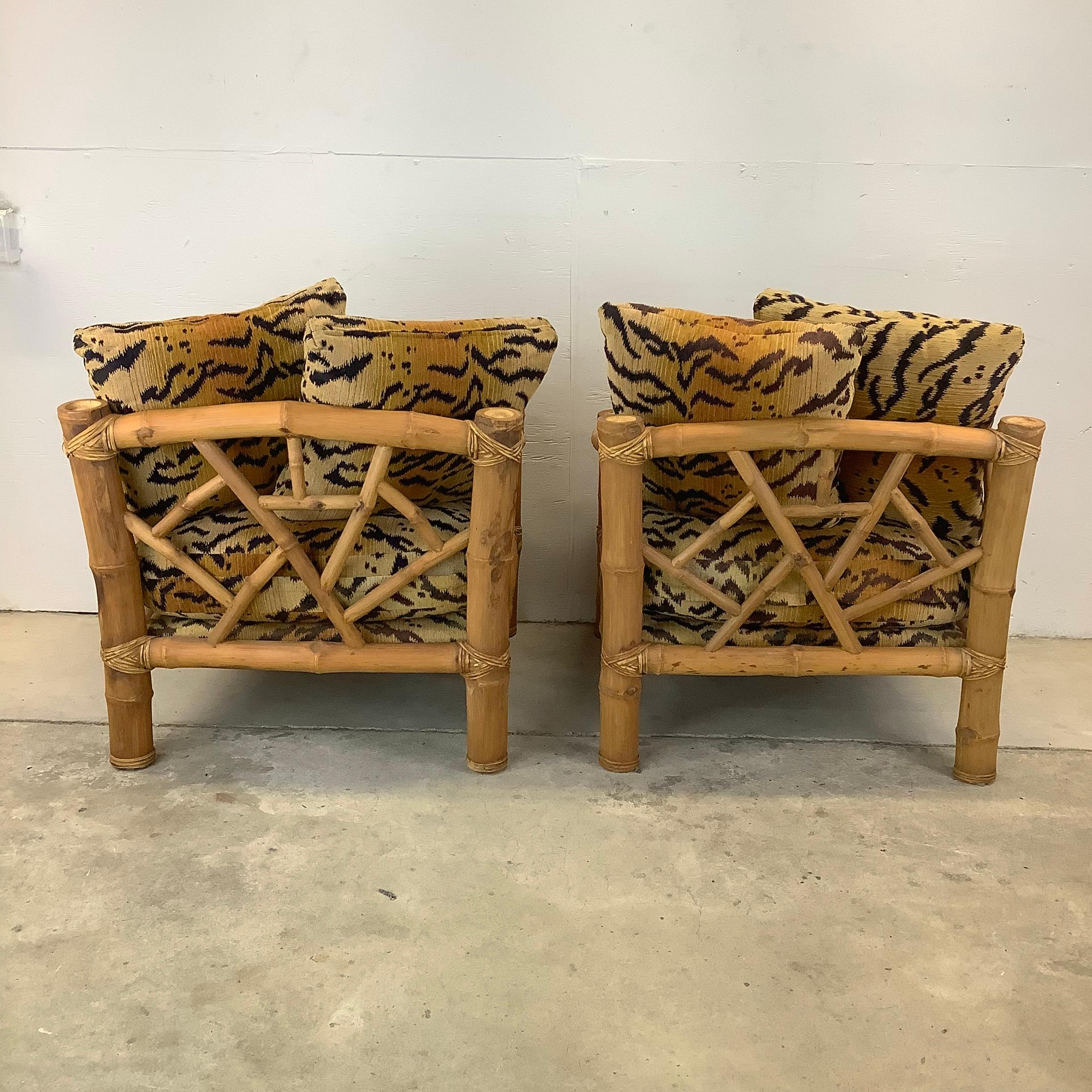 Pair Vintage Bamboo Armchairs & Ottoman in Tiger Print For Sale 2