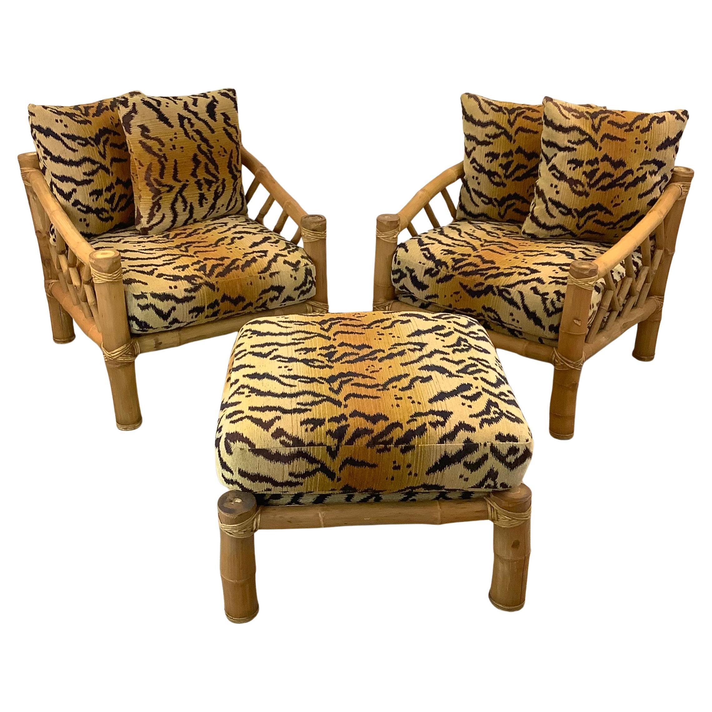 Pair Vintage Bamboo Armchairs & Ottoman in Tiger Print For Sale