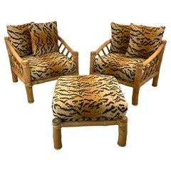 Pair Retro Bamboo Armchairs & Ottoman in Tiger Print