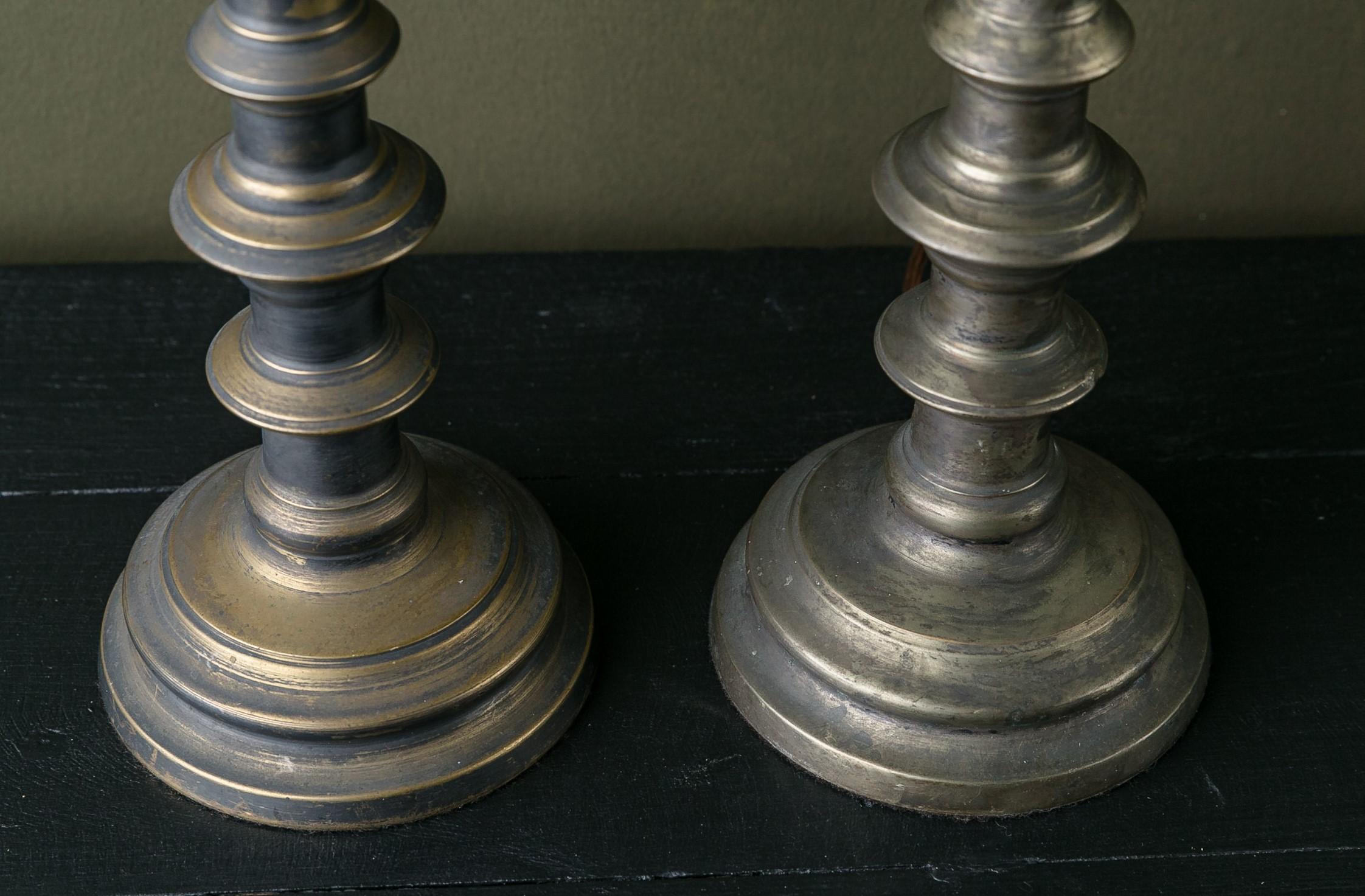 Dutch Colonial Pair of Vintage Belgian Pewter Candlestick Lamp