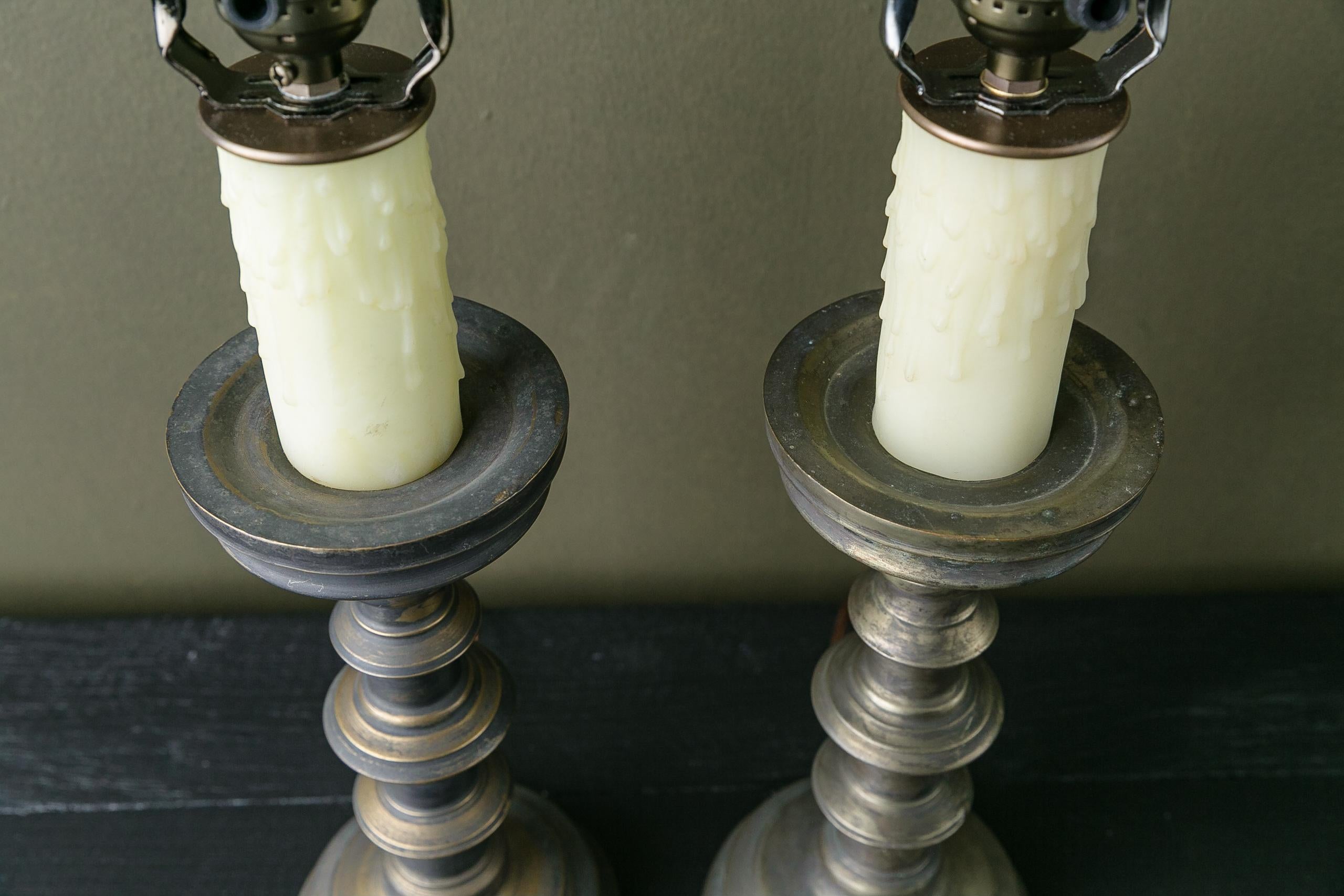 Mid-20th Century Pair of Vintage Belgian Pewter Candlestick Lamp