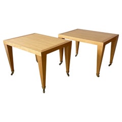 Pair Vintage Birch End Table with Tapered Legs on Brass Wheels