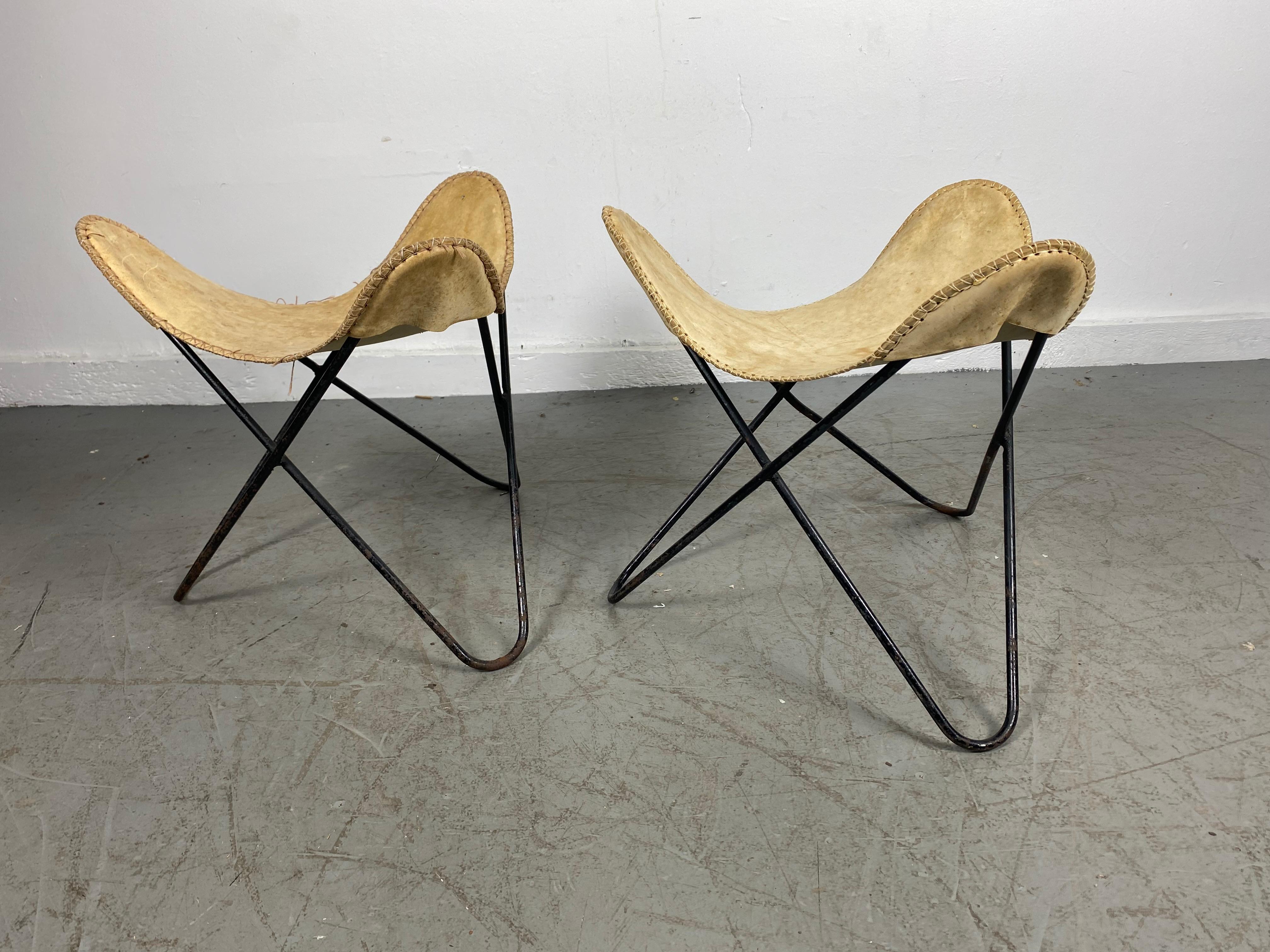Mid-Century Modern Pair Vintage BKF Hardoy for Knoll Cream Leather Butterfly Stool For Sale