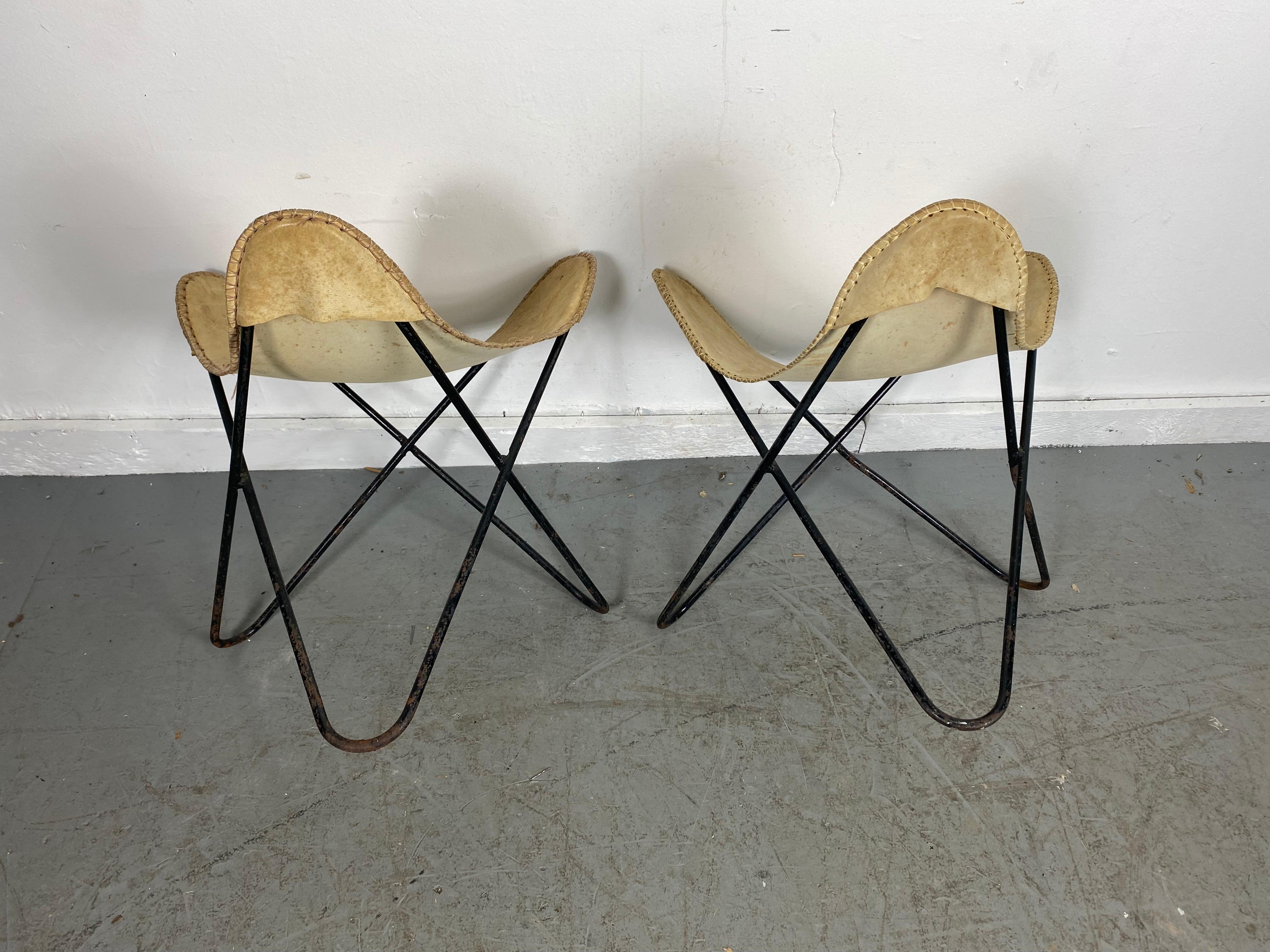 American Pair Vintage BKF Hardoy for Knoll Cream Leather Butterfly Stool For Sale