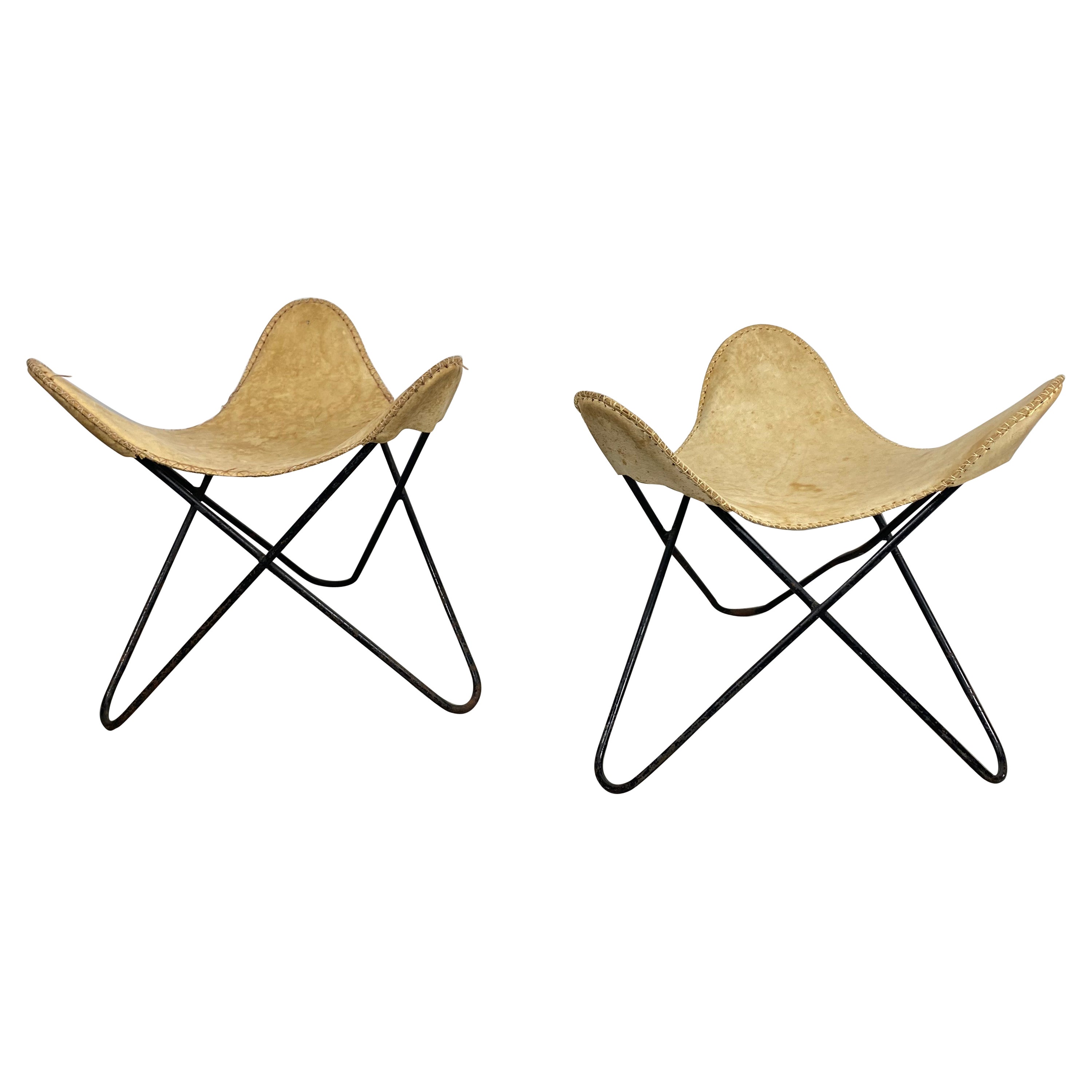 Pair Vintage BKF Hardoy for Knoll Cream Leather Butterfly Stool