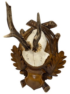Pair Vintage Black Forest Deer Antler Trophy Wood Carved Plaque, Germany 1930s