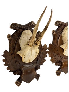 Pair Vintage Black Forest Deer Antler Trophy Wood Carved Plaque, Germany 1930s