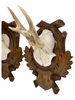 Pair Vintage Black Forest Deer Antler Trophy Wood Carved Plaque, Germany 1930s