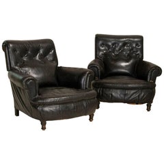 Pair, Vintage Black Leather Low Club Chairs