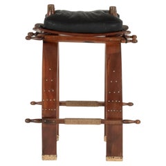 Pair Vintage Black Leather Saddle Stools
