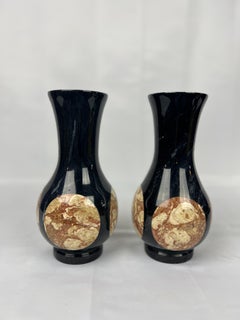Pair, Vintage Black Onyx & Marble Inset Vases