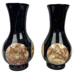 Pair, Vintage Black Onyx & Marble Inset Vases