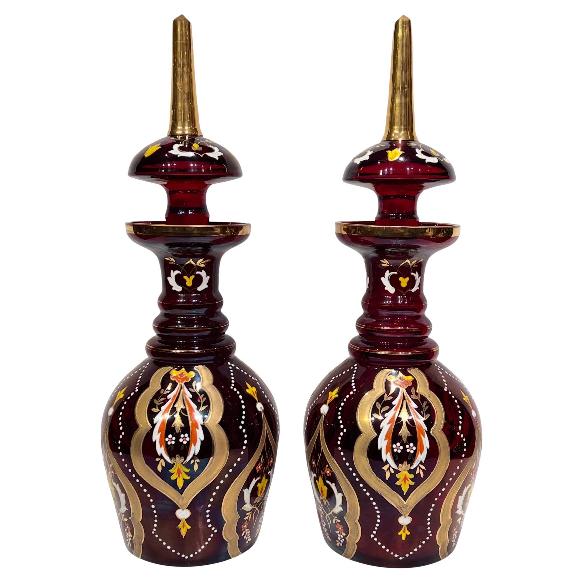 Pair Vintage Bohemian Gilt and Enameled Ruby Red Glass Decanters