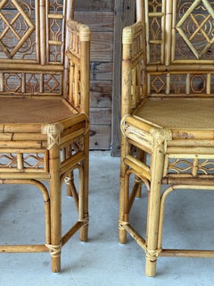 Pair Vintage Brighton Pavilion Style High-Back Fretwork Bamboo Rattan Armchairs