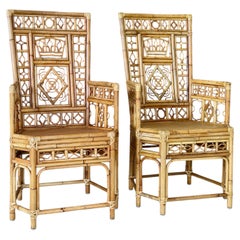 Pair Vintage Brighton Pavilion Style High-Back Fretwork Bamboo Rattan Armchairs