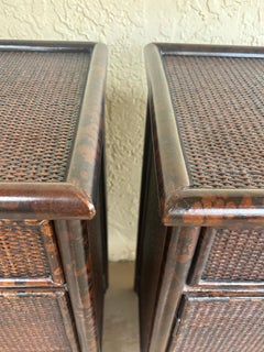 Pair Vintage British Colonial Faux Burnt Bamboo & Cane Nightstands, 1980s