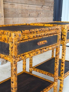 Pair Vintage British Colonial Tortoise Finish Rattan & Grasscloth Nightstands