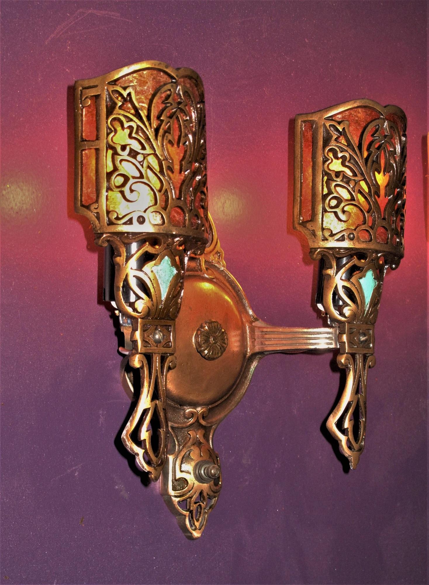 Pair Vintage Bronze 2 Bulb Sconce Lights w/ Mica 7 pr available. priced per pair 3