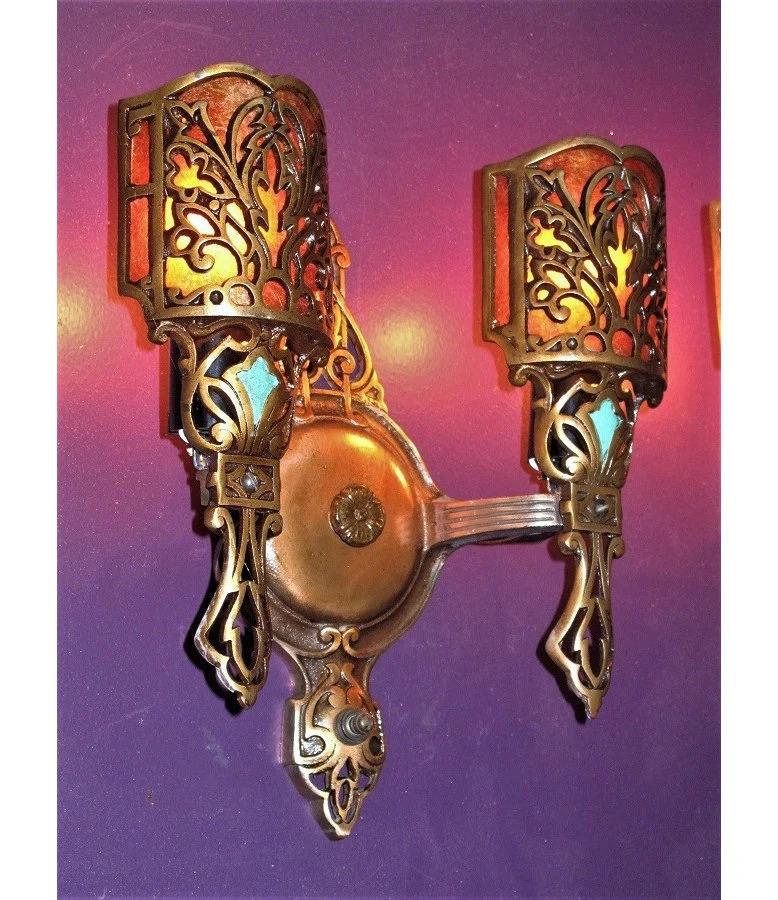 Spanish Colonial Pair Vintage Bronze 2 Bulb Sconce Lights w/ Mica 7 pr available. priced per pair