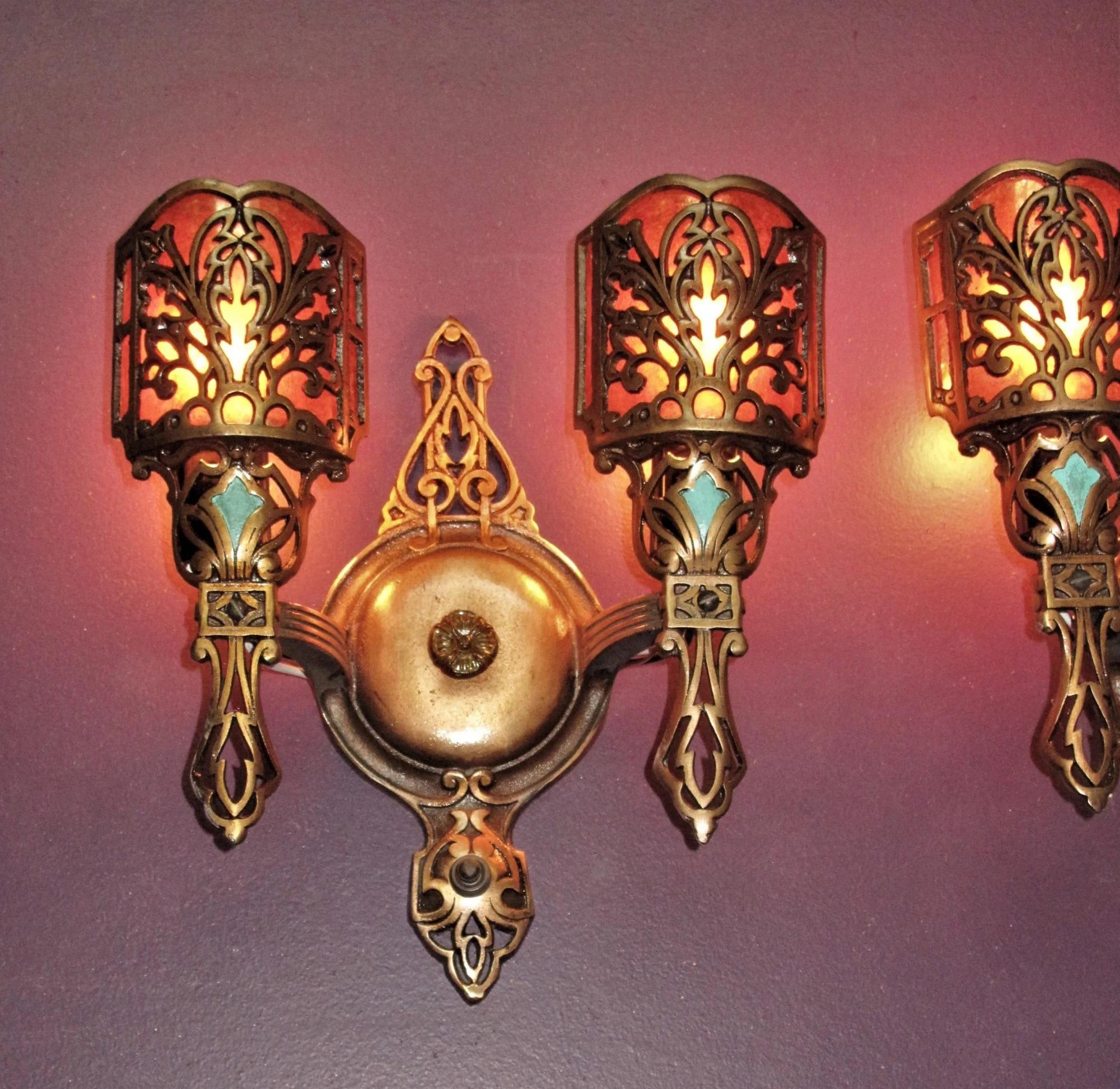 American Pair Vintage Bronze 2 Bulb Sconce Lights w/ Mica 7 pr available. priced per pair