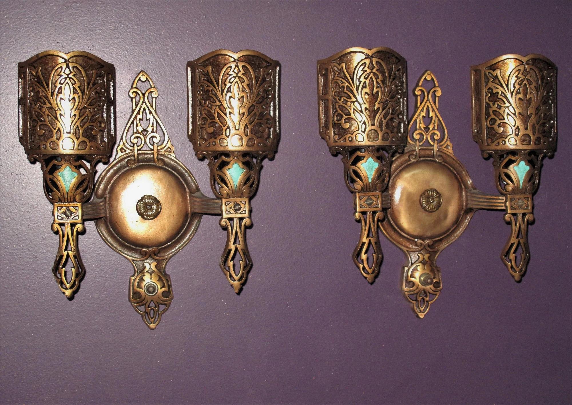 Cast Pair Vintage Bronze 2 Bulb Sconce Lights w/ Mica 7 pr available. priced per pair