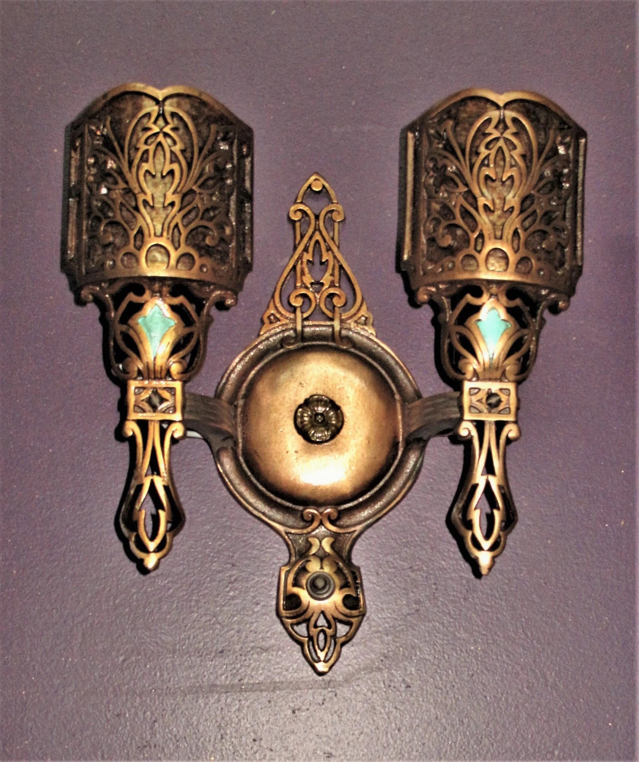 Pair Vintage Bronze 2 Bulb Sconce Lights w/ Mica 7 pr available. priced per pair 1