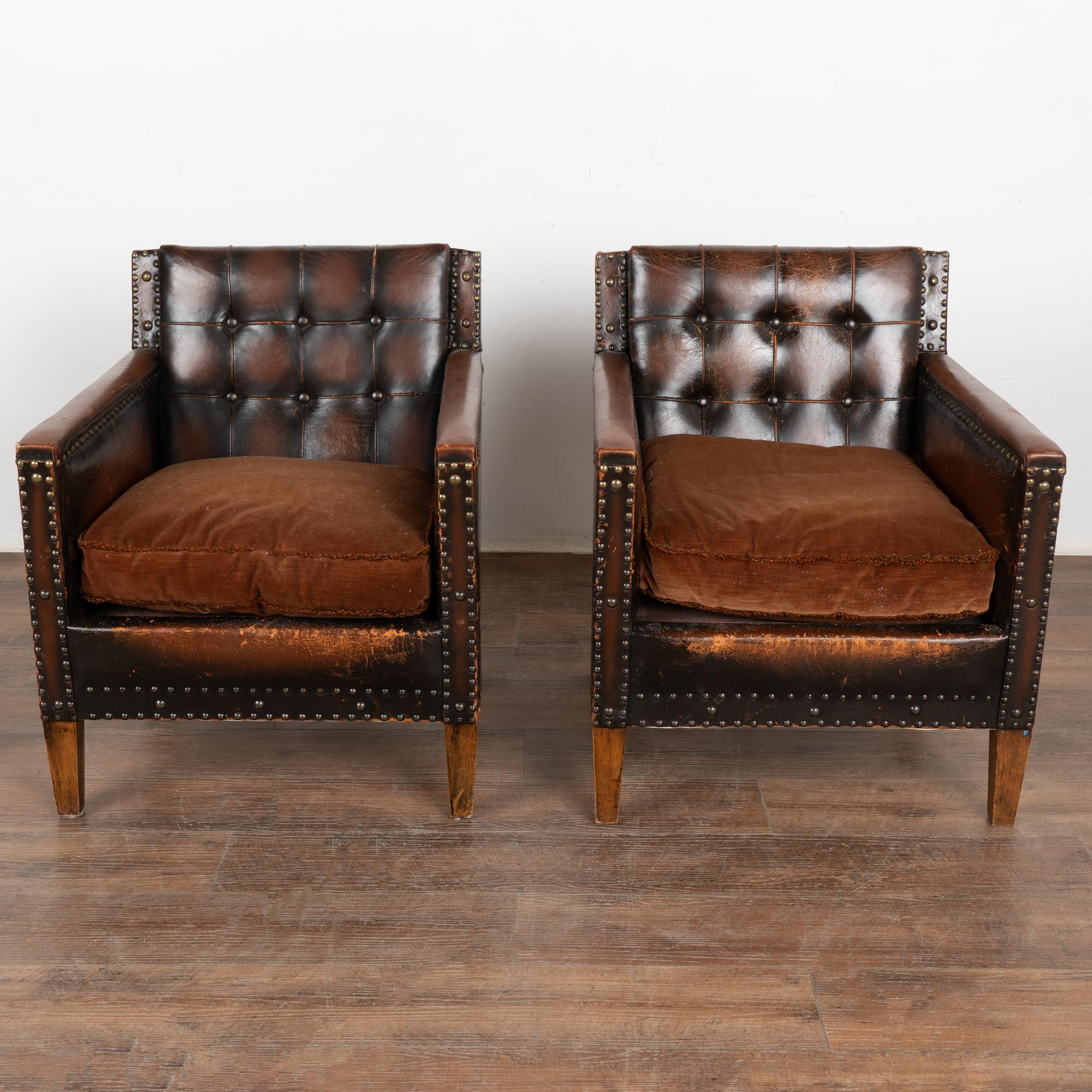Mid-Century Modern Pair, Vintage Brown Leather Arm Chairs, Denmark circa 1960