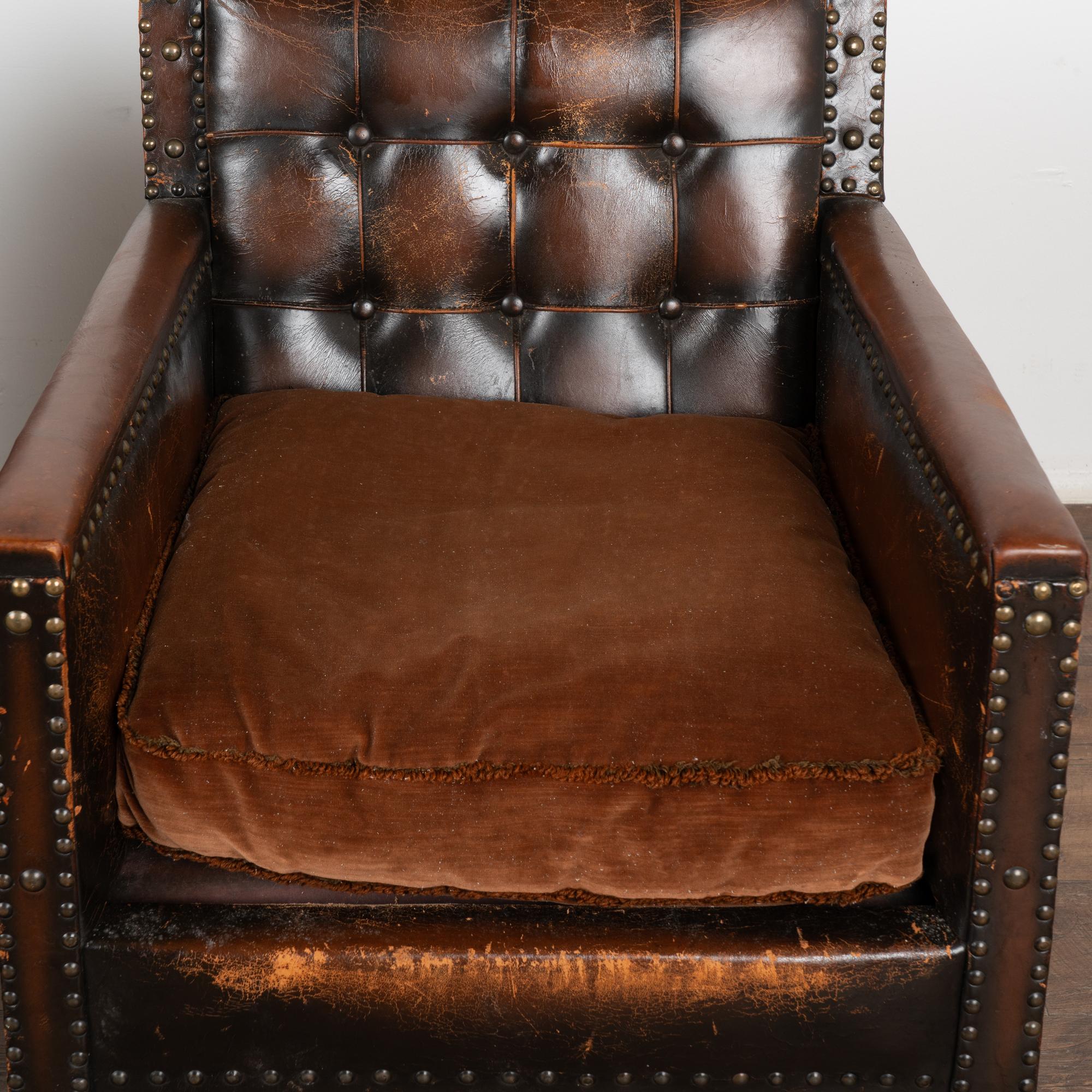 20th Century Pair, Vintage Brown Leather Arm Chairs, Denmark circa 1960