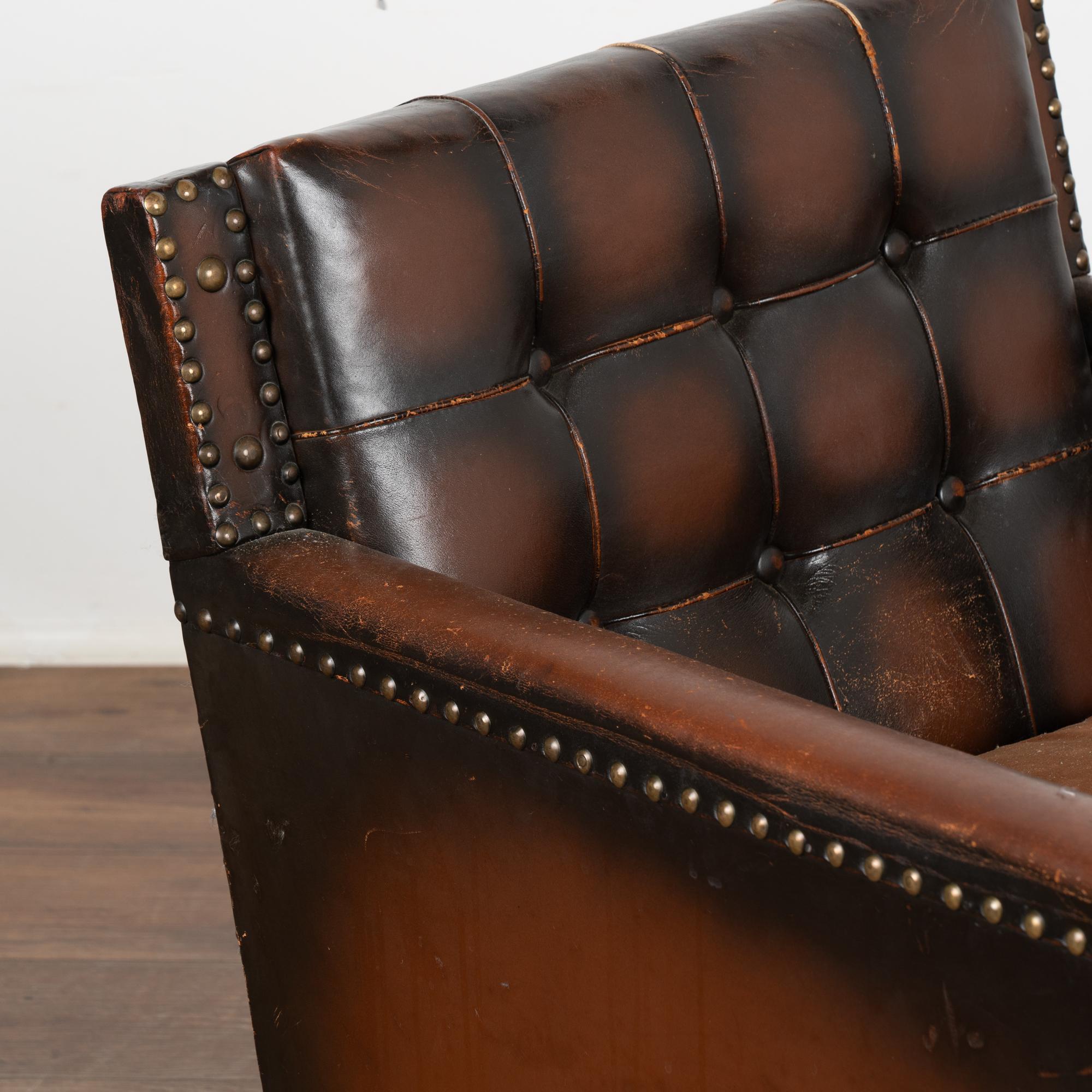 Pair, Vintage Brown Leather Arm Chairs, Denmark circa 1960 1