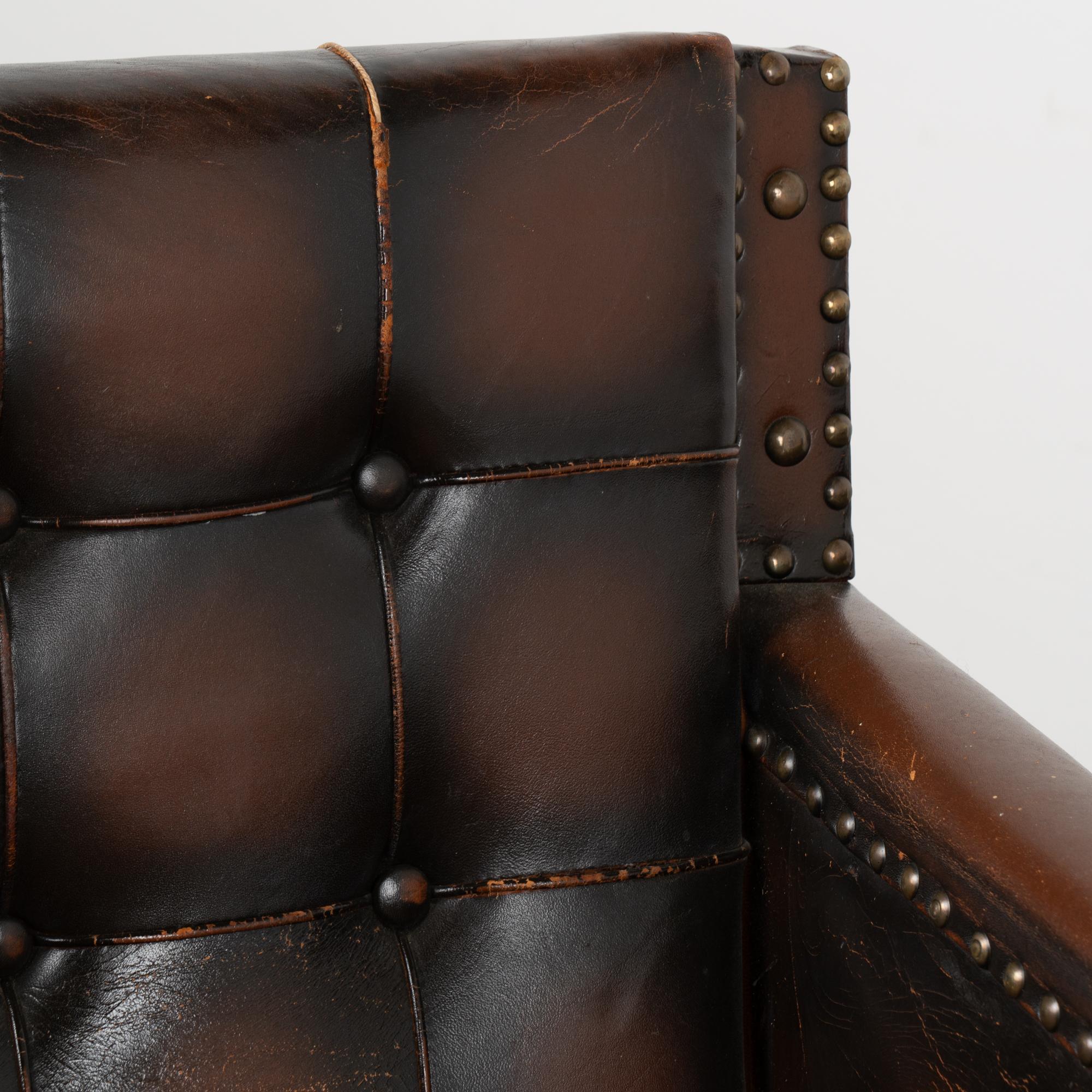 Pair, Vintage Brown Leather Arm Chairs, Denmark circa 1960 2