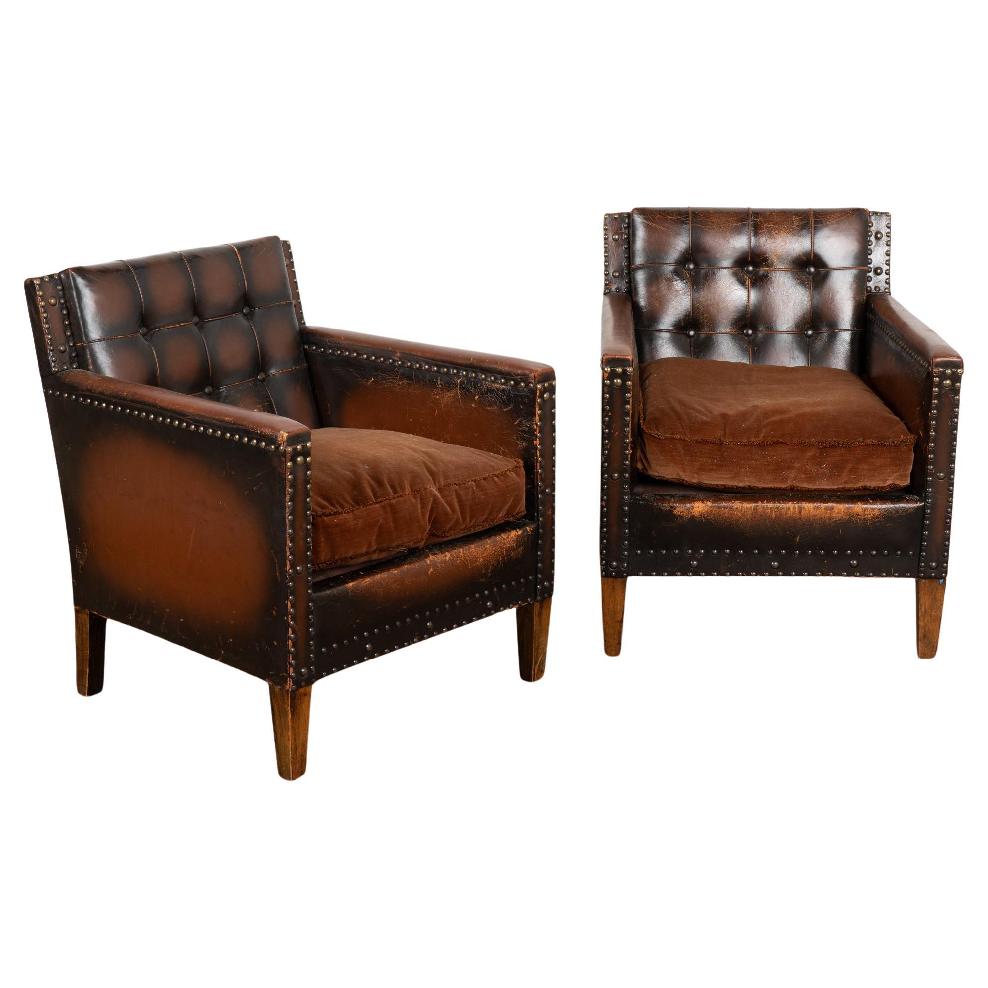 Pair, Vintage Brown Leather Arm Chairs, Denmark circa 1960