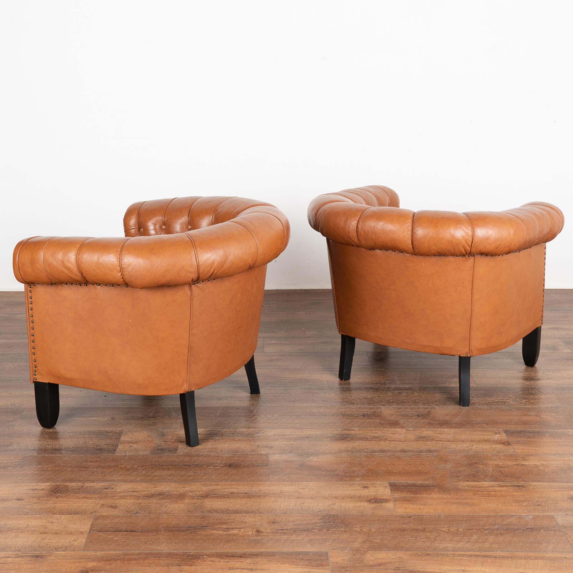 Pair, Vintage Brown Leather Barrel Back Arm Chairs, Denmark circa 1940 For Sale 6