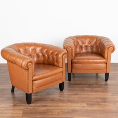 Pair, Vintage Brown Leather Barrel Back Arm Chairs, Denmark circa 1940