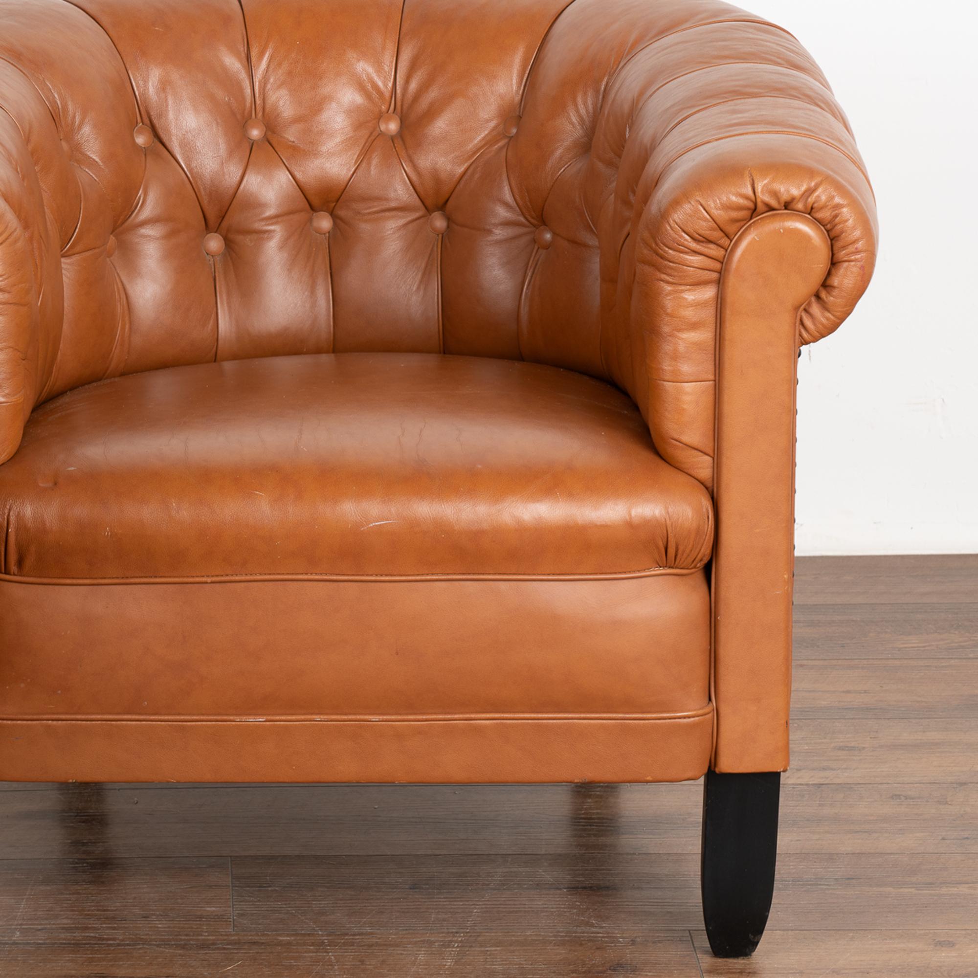 Pair, Vintage Brown Leather Barrel Back Arm Chairs, Denmark circa 1940 In Good Condition For Sale In Round Top, TX