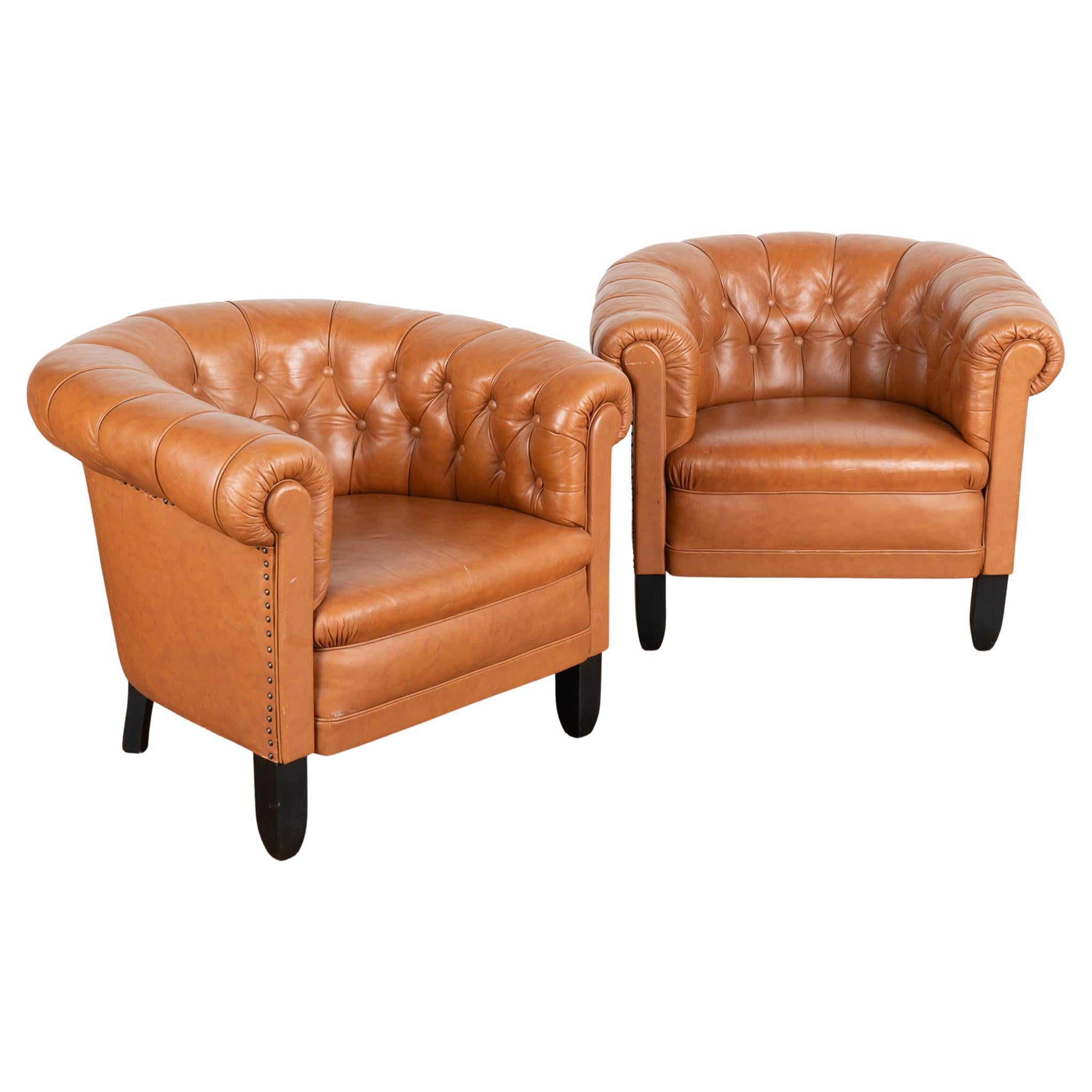 Pair, Vintage Brown Leather Barrel Back Arm Chairs, Denmark circa 1940