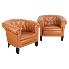 Pair, Retro Brown Leather Barrel Back Arm Chairs, Denmark circa 1940