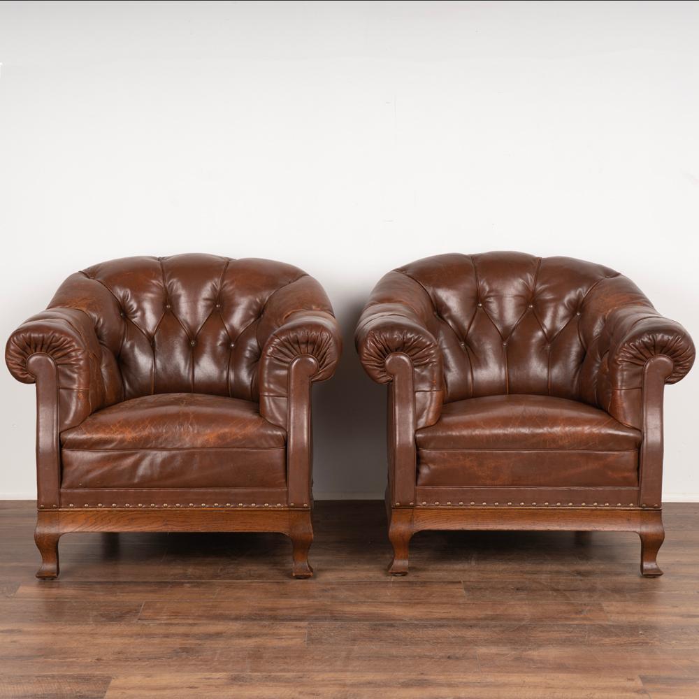 Chesterfield Pair, Vintage Brown Leather Barrel Back Club Chairs, Denmark circa 1940-60