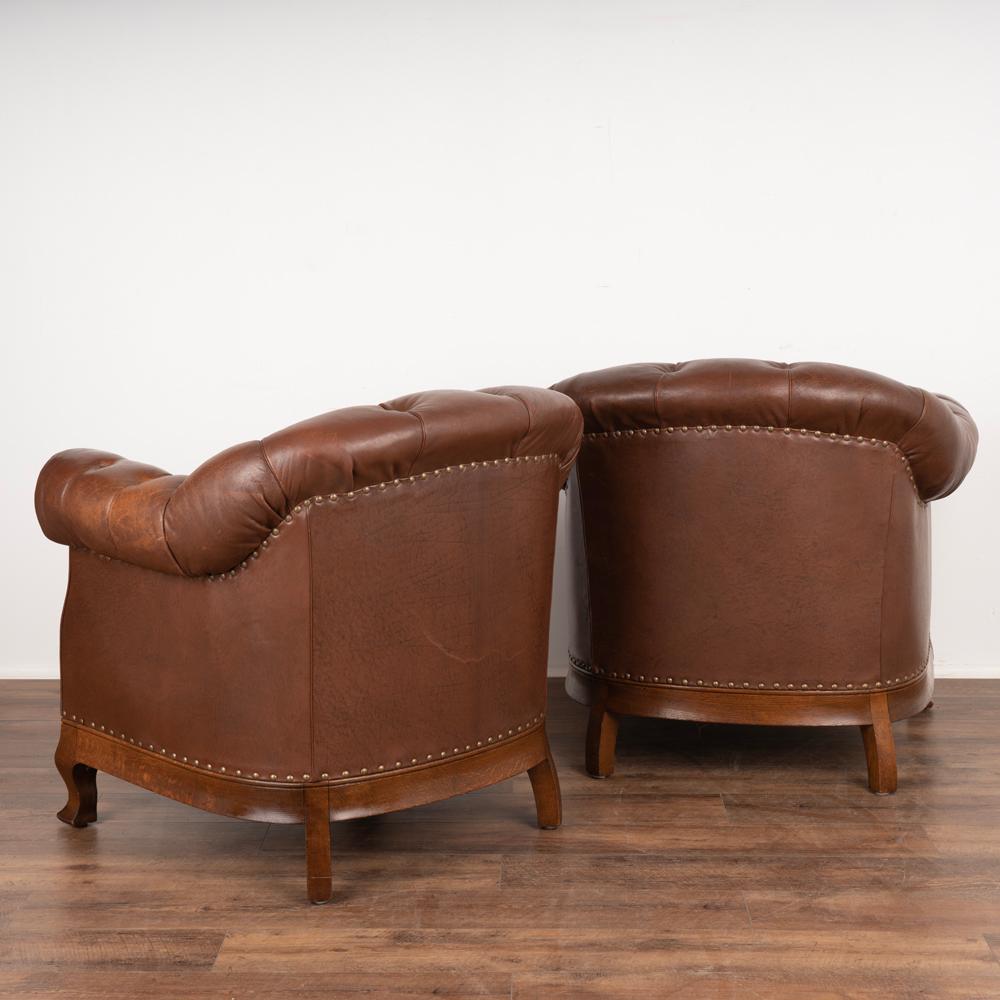 Danish Pair, Vintage Brown Leather Barrel Back Club Chairs, Denmark circa 1940-60