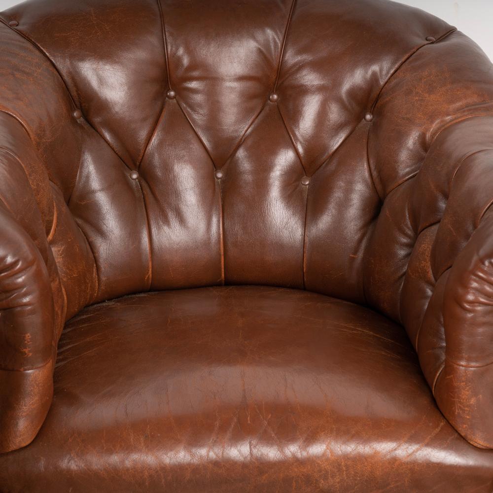 Pair, Vintage Brown Leather Barrel Back Club Chairs, Denmark circa 1940-60 In Good Condition In Round Top, TX