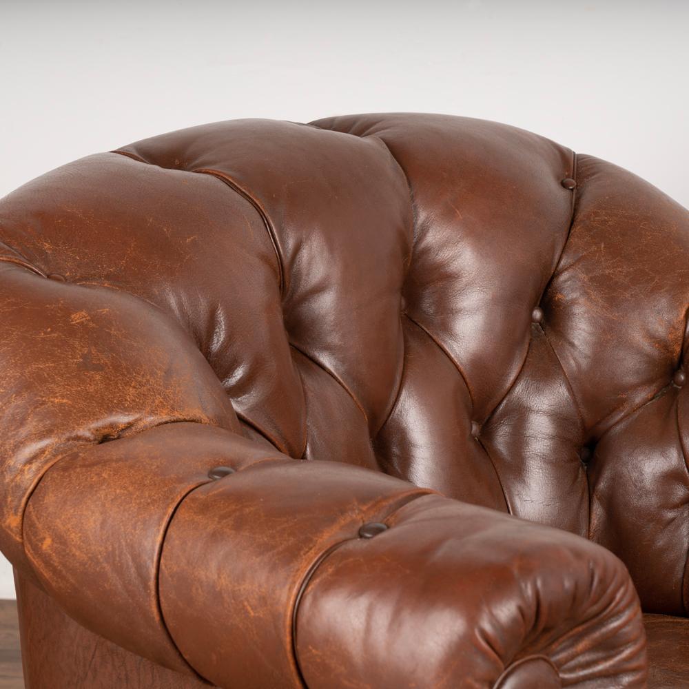 Pair, Vintage Brown Leather Barrel Back Club Chairs, Denmark circa 1940-60 2