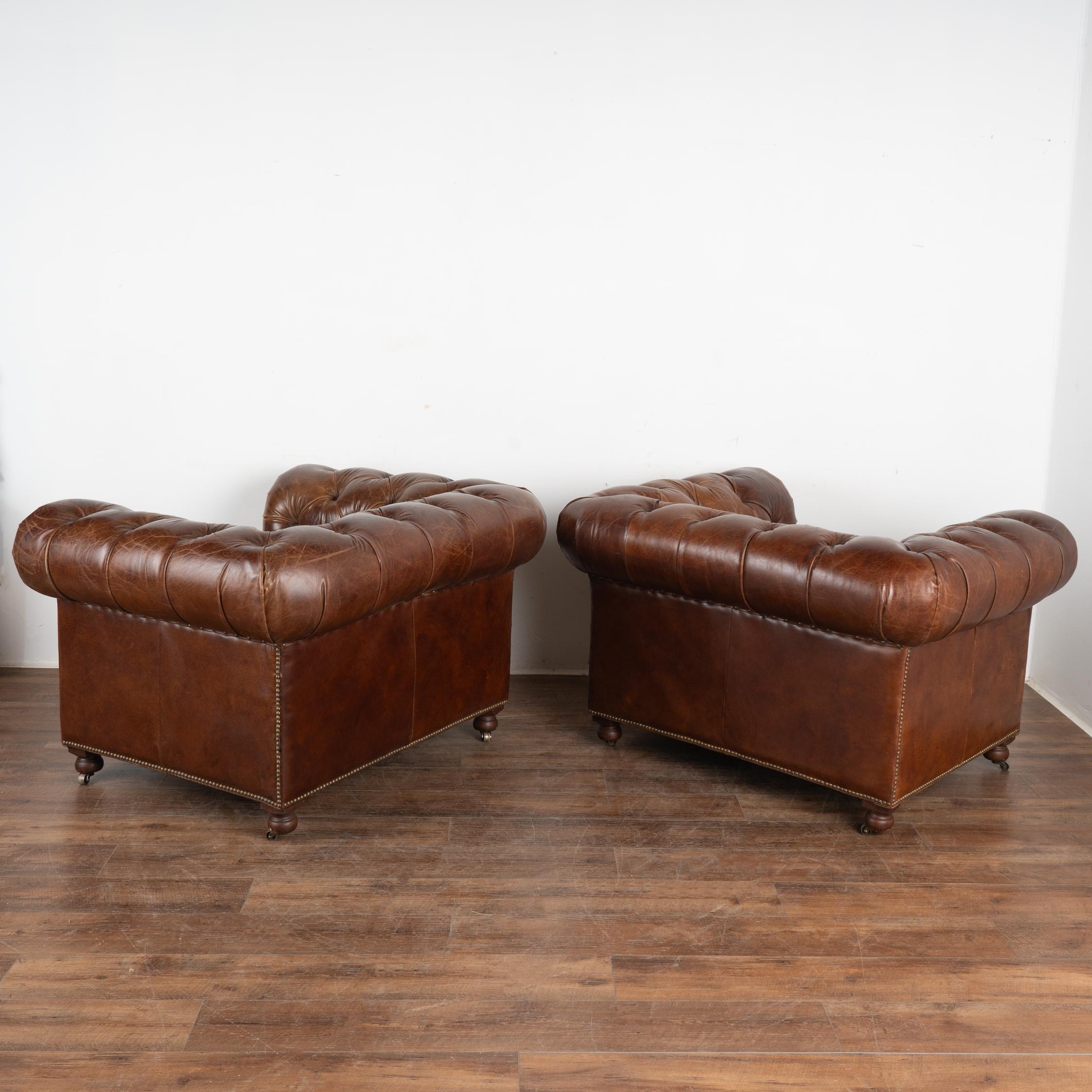 Pair, Vintage Brown Leather Chesterfield Club Arm Chairs, England circa 1970-80 5